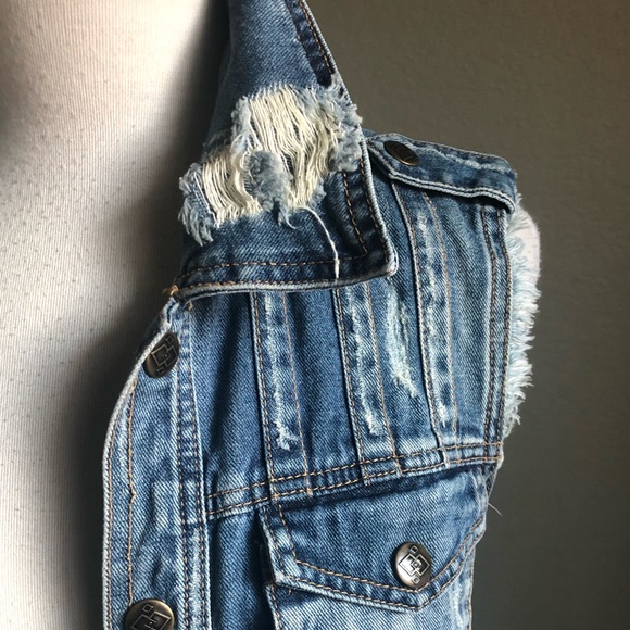 Free People Jackets & Blazers - FREE PEOPLE | Distressed Denim +Crochet Boho Vest